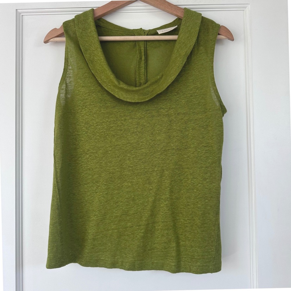 Poetry Green 100% Linen Sleeveless Cowl Neck Button Back Knit Top US 4 UK 8